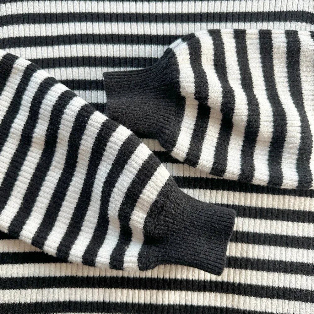 Anthropologie Sydney Sweater Womens XS Black White Striped Balloon Sleeve Preppy